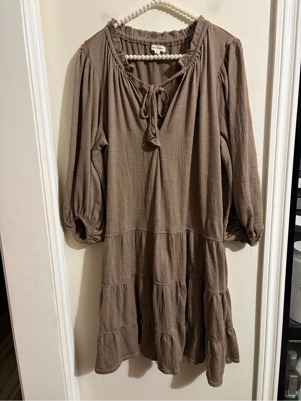 Max Studio Taupe Long-Sleeve Tiered Peasant Dress
